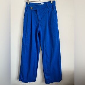 Zara Women High Asymmetrical Waist Wide Leg Lyocell Pant - Cobalt Blue - S Small